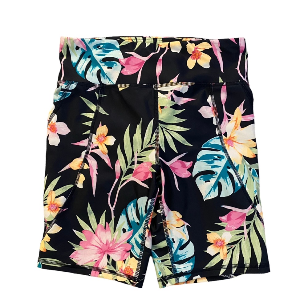 Old Navy Active Powersoft bike shorts multi palm black tropical floral print L